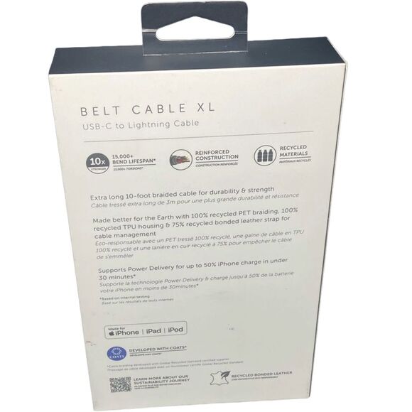 iPhone Charger Cable 10ft USB-C to Lightning MFi-Certified Fast Charging Belt XL - Picture 2 of 9